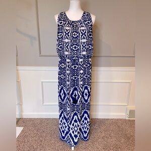 Ruby Rd XL Bohemian Aztec Patterned Maxi Dress blue white sleeveless long soft